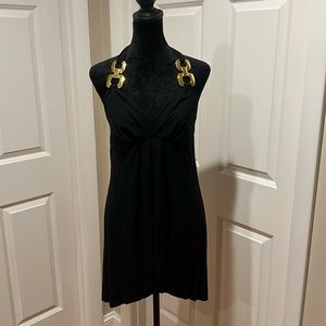 Cache, woman’s, M, black w/ gold accents, halter top. Longer on sides of top.